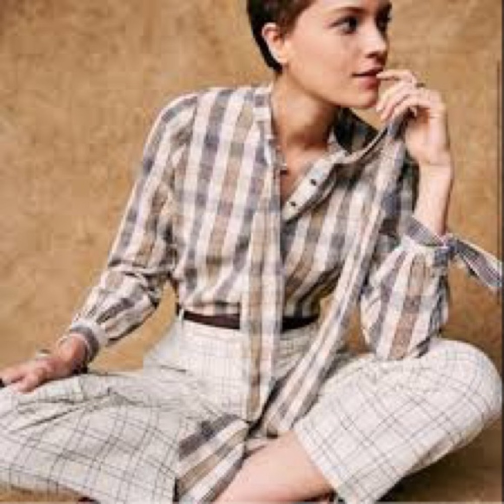 Sézane Victorine Plaid Tie Neck Blouse
